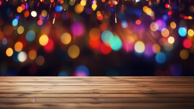 Empty wooden table in front of abstract blurred background of bokeh light for display products