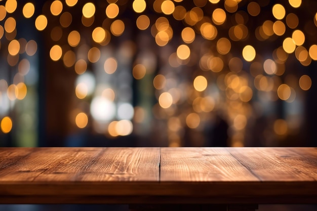 Empty wooden table in front of abstract blurred background of coffee shop or bar background