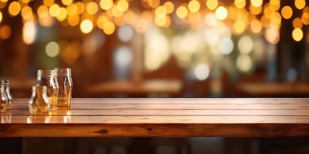 Empty wooden table in front of abstract blurred background of coffee shop or bar background