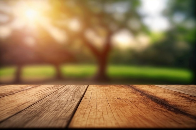 Empty wooden table in front of blurred background Generative ai