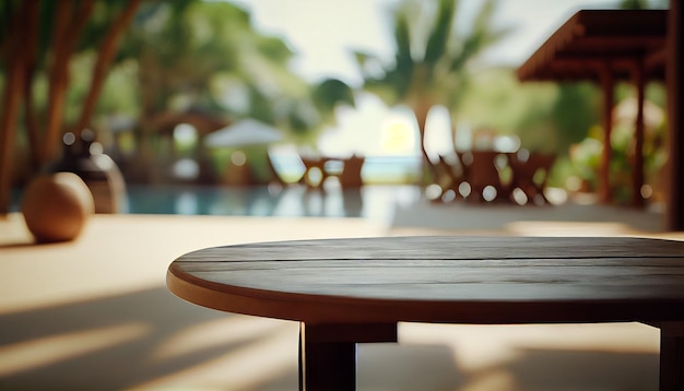 Empty wooden table in front of blurred pool resort