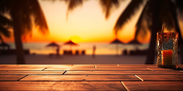 Photo empty wooden table in front of blurred tropical beach on sunset evening wooden background in beach ai generative