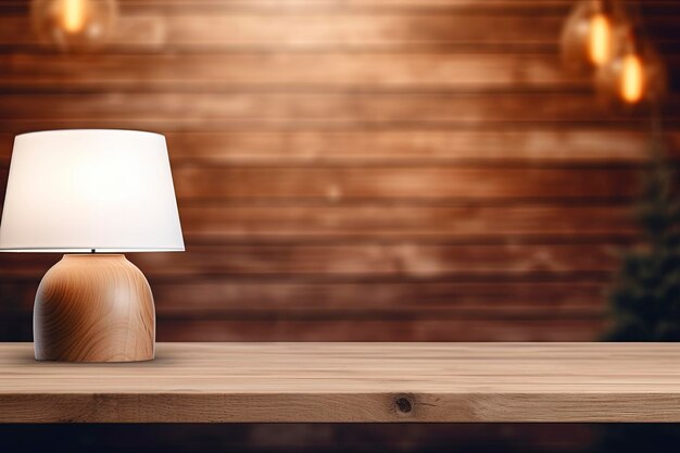 Empty wooden table in front of blurred wooden wall and light lamp background for product display