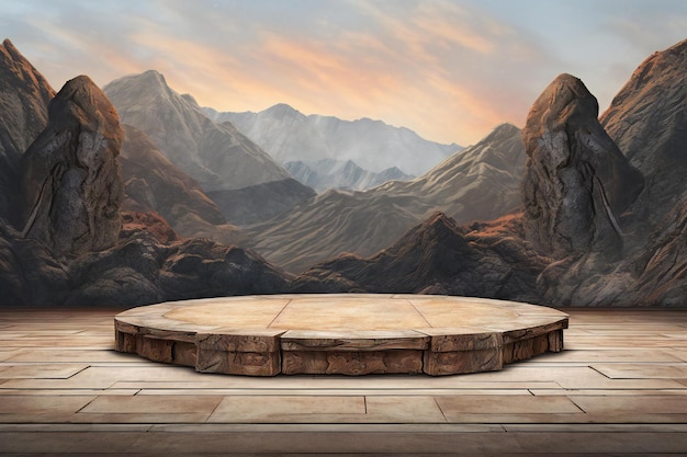 Empty wooden table in front of mountain landscape