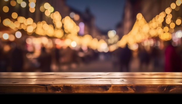 Empty wooden table in front of restaurant neon lights blurred bokeh background