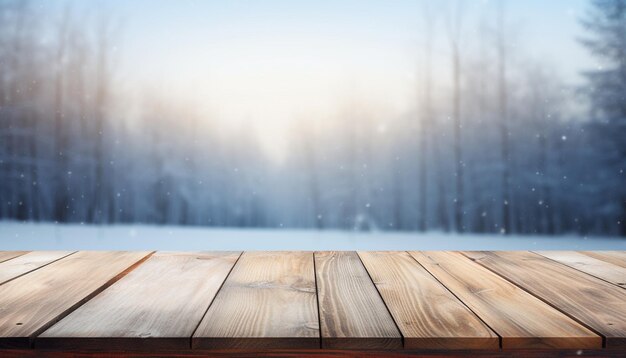 흐릿한 배경의 겨울 풍경 앞에 있는 빈 나무 테이블