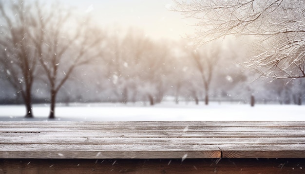 Empty Wooden table in front of winter landscape blurred background