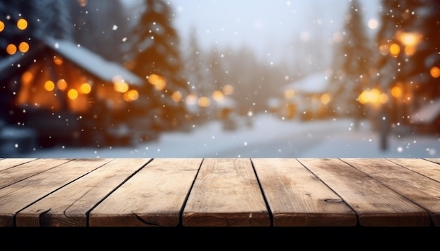 Empty Wooden table in front of winter landscape blurred background