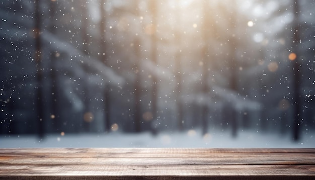 Empty Wooden table in front of winter landscape blurred background