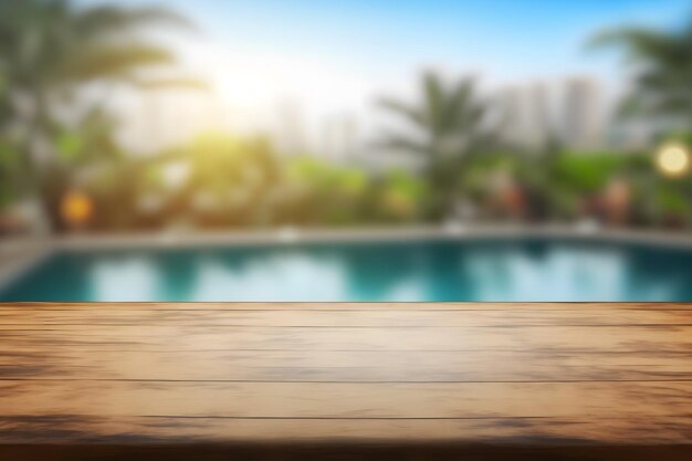 Empty wooden table in front with blurred background of swimming pool Neural network AI generated