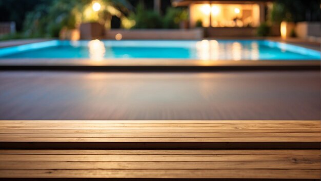 Empty wooden table in front with blurred background of swimming pool