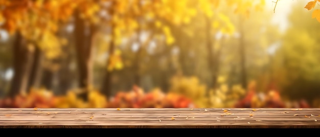 Empty Wooden table in garden of fall time