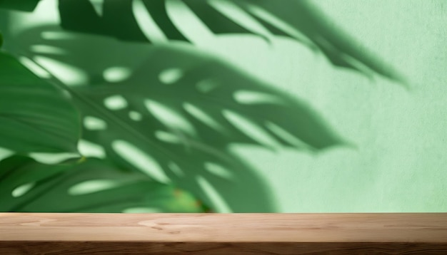 Empty wooden table on green color wall background Background with shadows of leaves on the wall