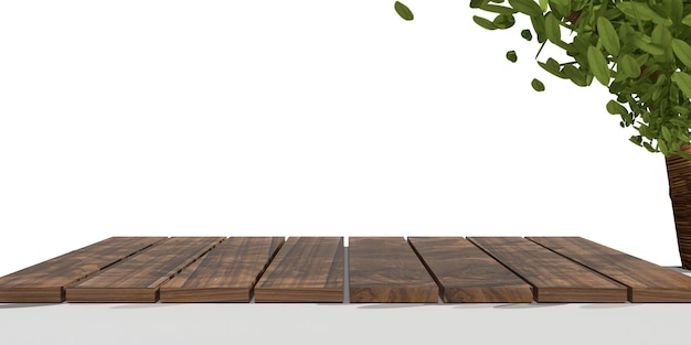 Empty wooden table and green spring leaves in the background