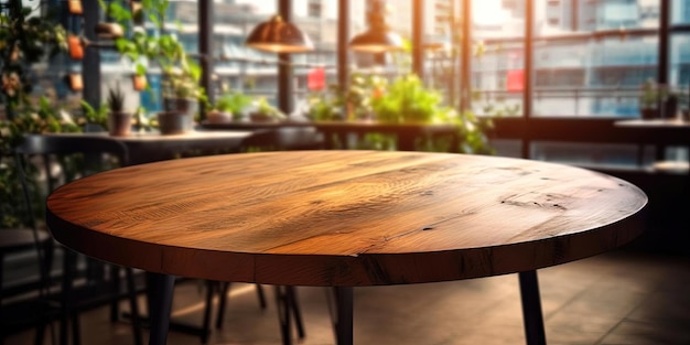 empty wooden table inside a cafe in urban neighborhood