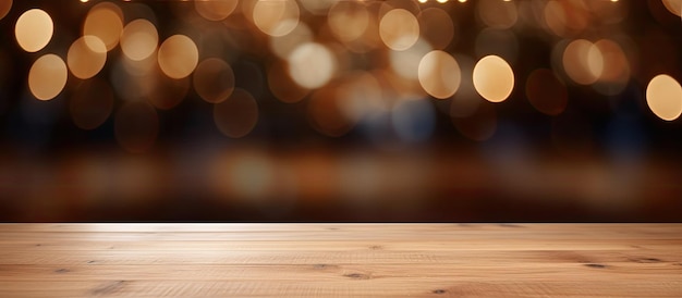 An empty wooden table is placed in front of a blurred abstract background This wood table top