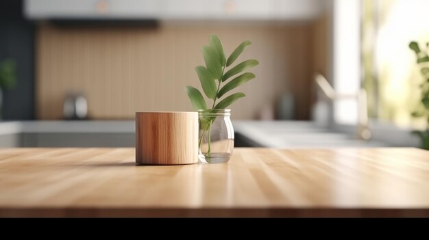 Empty wooden table on kitchen background Illustration AI Generative