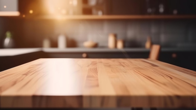 キッチンの背景に空の木製テーブル イラスト AI 生成