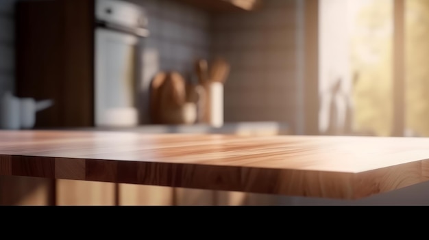 Empty wooden table on kitchen background Illustration AI Generative