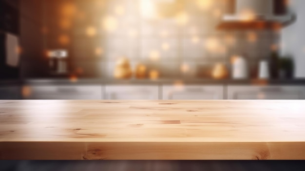 Empty wooden table on kitchen background Illustration AI Generative