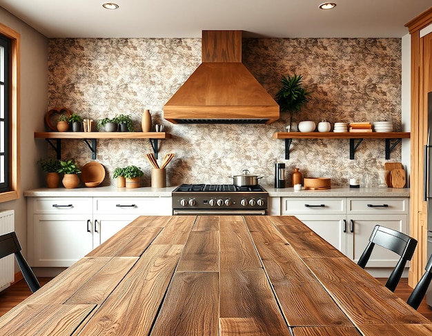 empty wooden table and kitchen background
