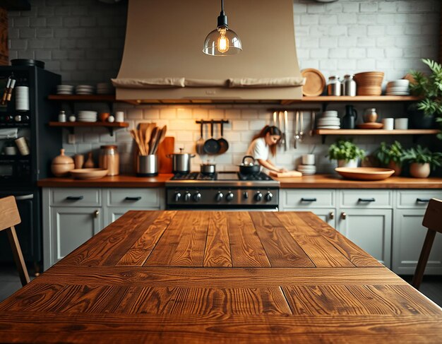 empty wooden table and kitchen background