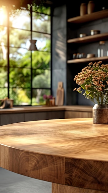 Empty wooden table in kitchen