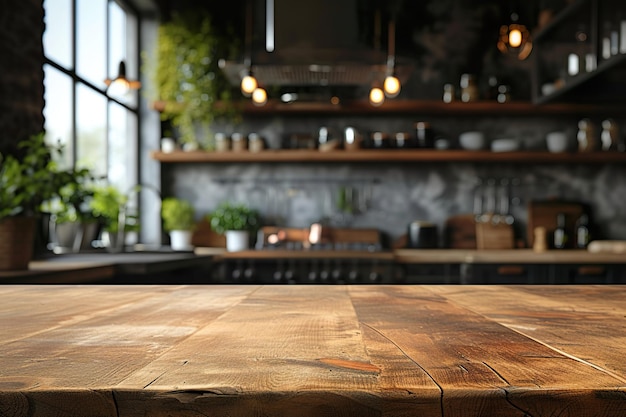 empty wooden table in kitchen