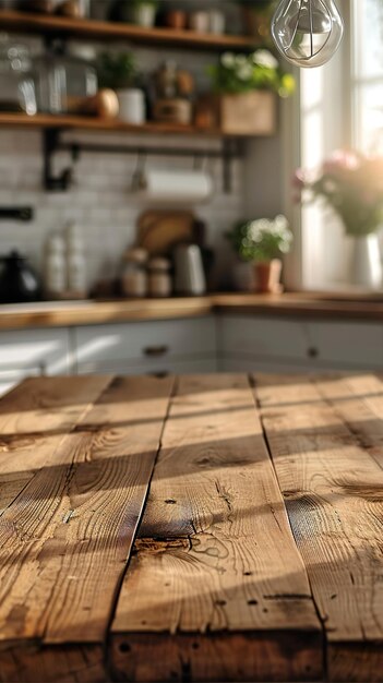 empty wooden table in kitchen