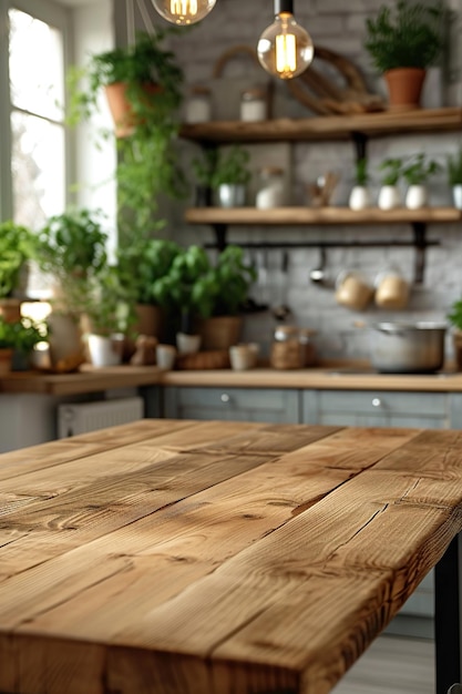 empty wooden table in kitchen