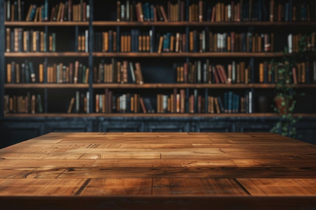 Empty wooden table in library Mockup for design Empty wooden table in library Mockup for design