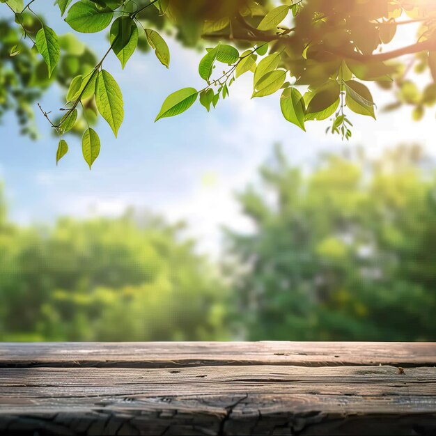 An empty wooden table in a lush green forest with leaves hanging overhead and sunlight