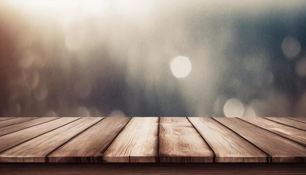 Photo empty wooden table mock up for product display blurred bokeh on background