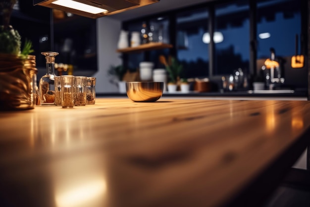 Empty wooden table in a modern kitchen kitchen cafe or restaurant Blurred background Ai generated