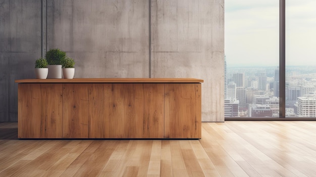 Empty wooden table on modern office flooring with blank cabinet
