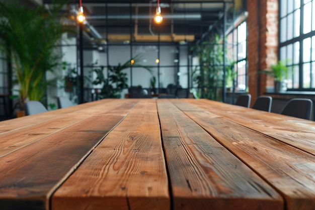 Empty wooden table in a modern office space with AI generated