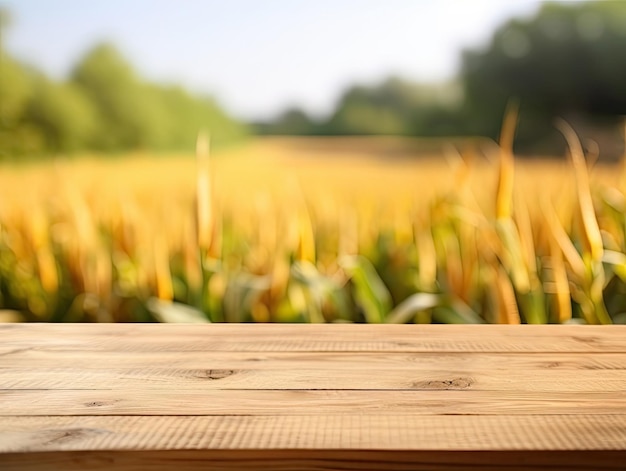 Empty wooden table in modern style for product presentation with a blurred corn field in the background