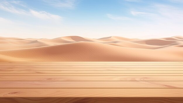 Empty wooden table in modern style for product presentation with a blurred desert landscape with dunes in the background