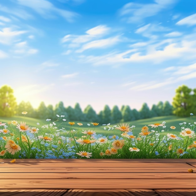 Empty wooden table in modern style for product presentation with a blurred summer meadow with wild flowers in the background