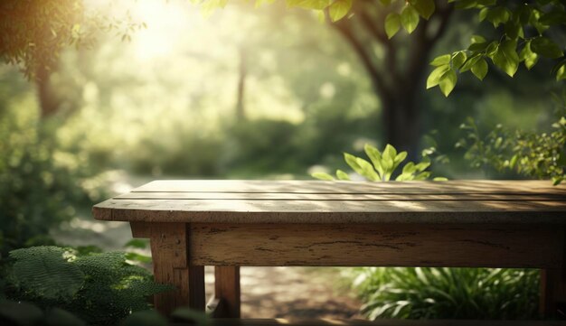 자연 녹색 정원 야외에 있는 빈 나무 테이블 일요일 빛이 있는 제품 배치 Ai 생성