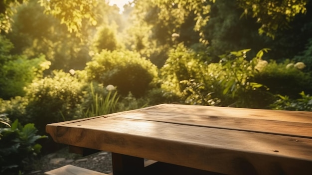 Empty wooden table in natural green garden outdoor Product placement with sunday light
