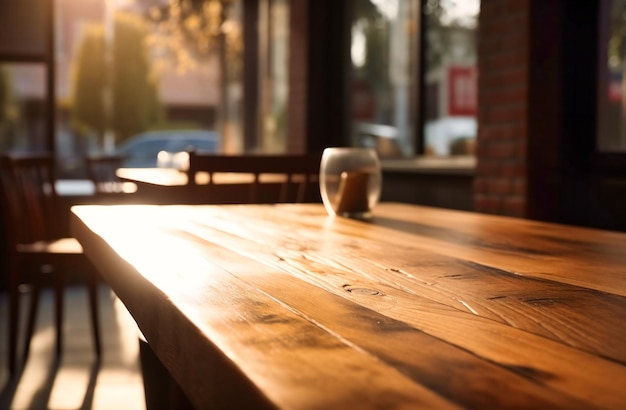 Empty wooden table near a cafe