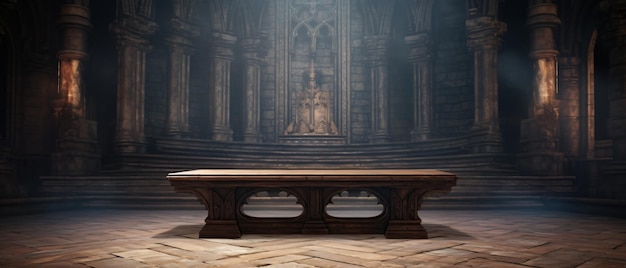 Фото Пустой деревянный стол в мистической темнице древнего