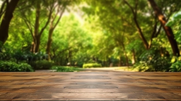 empty wooden table outdoors green park nature background product display template