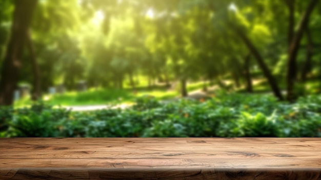 empty wooden table outdoors green park nature background product display template