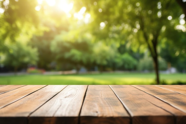 Empty wooden table outdoors green park nature background product display template