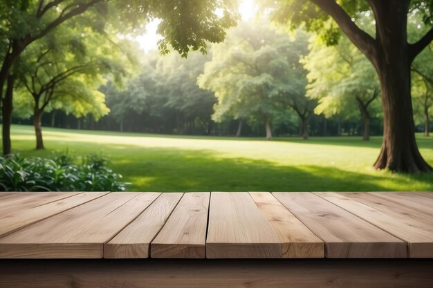 空の木製のテーブル 野外 緑の公園 自然の背景 製品表示テンプレート