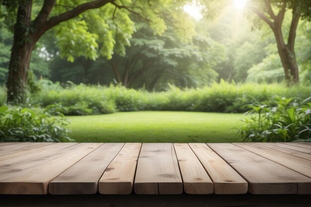 Empty wooden table outdoors green park nature background product display template