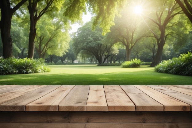 Empty wooden table outdoors green park nature background product display template