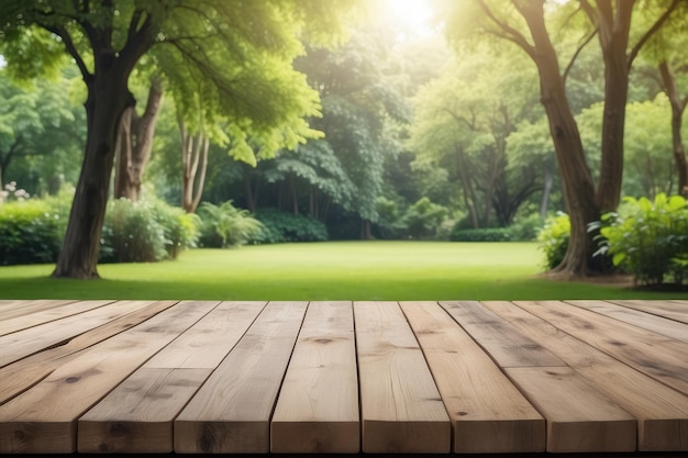 Empty wooden table outdoors green park nature background product display template